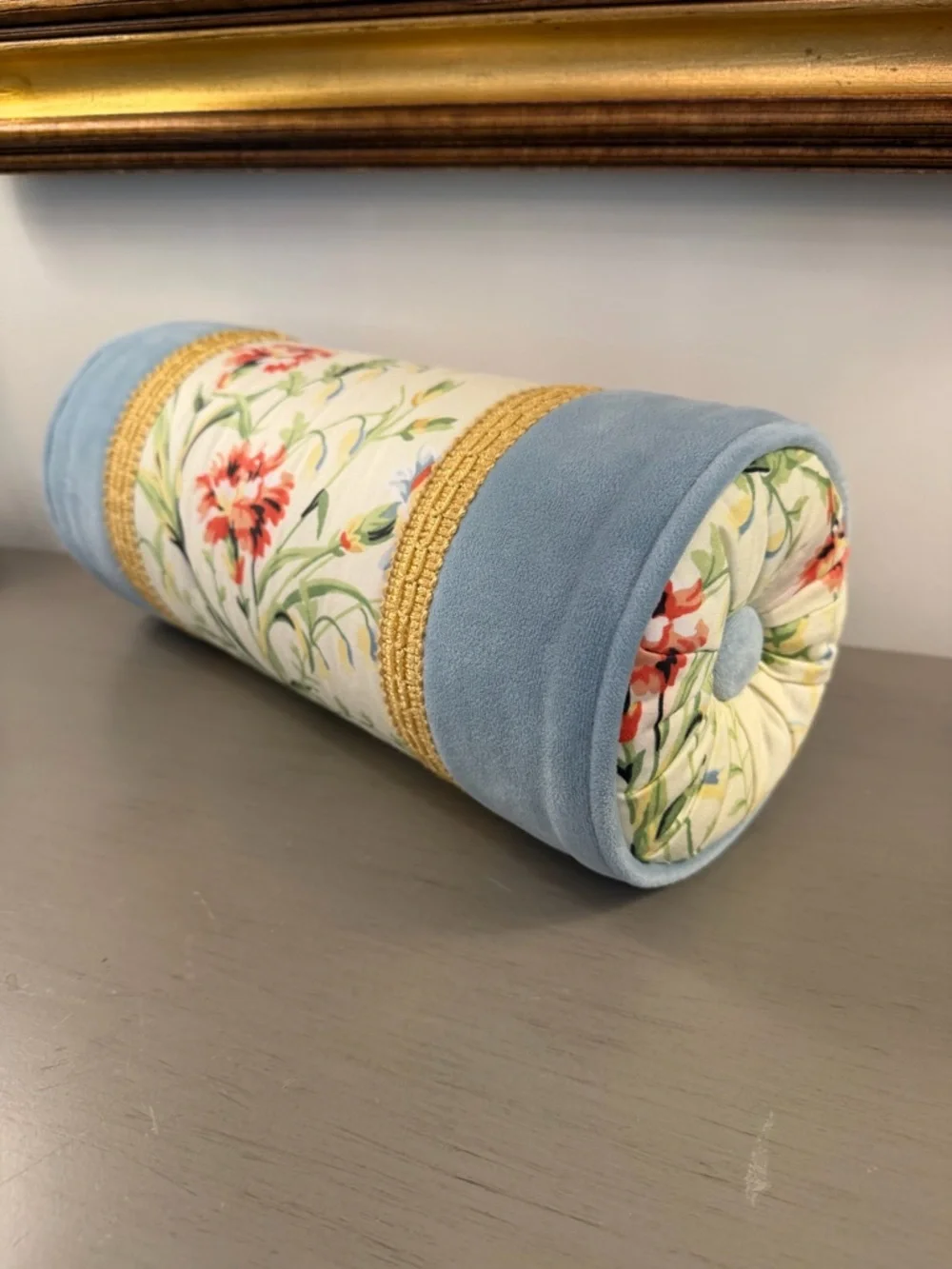 Vintage Bolster Pillow Floral Chintz & Blue Velvet Fabric Gold Trim Button Ends - Picture 4 of 9